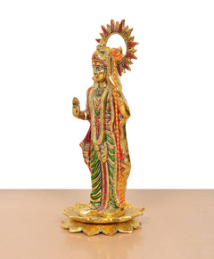 Ram ji standing metal statue side view, multicolor robes and golden adornments