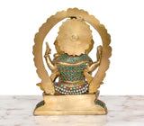 Rear view Brass Ganesha statue with turquoise beadwork and circular halo