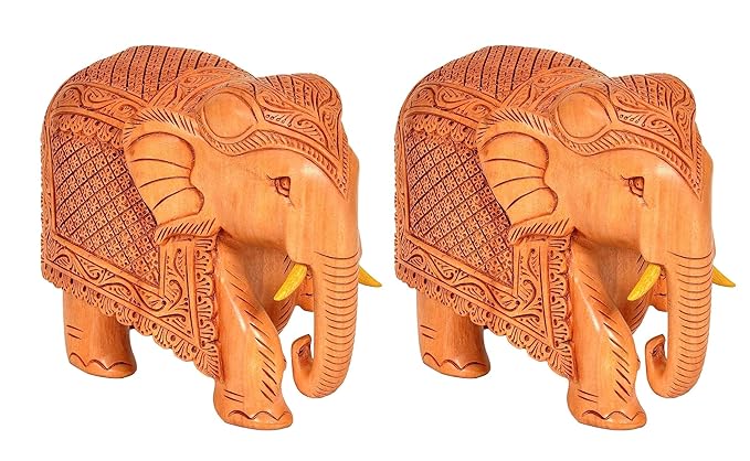 Elephant Pair Statue Small Size Wooden Decorate for Your Home,Office Table Decorative & Gift Item (Pack of 2) (Height: 3" Inches)
