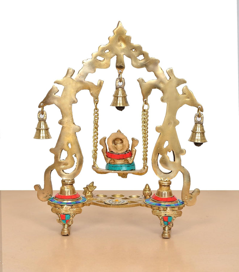 Brass Ganesha Playing On Swing Idol (Height 14 Inch)
