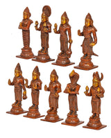 AONA brass Navgraha deity statues, varied poses shown from multiple sides