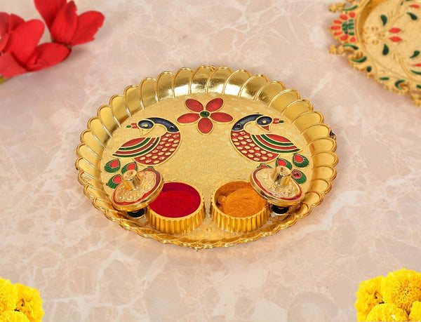 Decorative Design Gold Plated Plastic Haldi Kumkum Holder Pooja Thali and 2 Bowl For Rakhi Diwali Wedding Gifts Tilak Plate (Width 5.5 Inch) (Multicolor Pooja Thali)