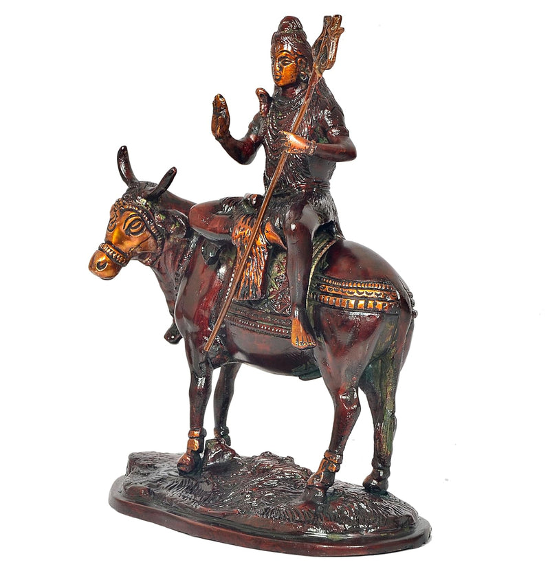 Brass Lord Shiva Seated on Nandi Murti Religious Statue for Home Temple Mandir Pooja Decor (Height : 9 inch)