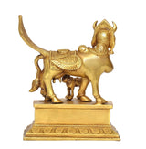 Brass Kamadhenu cow with wings and calf, raised tail, ornate base detail