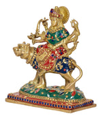 Durga Maa on lion figurine, brass deity with detailed arms and jeweled robe