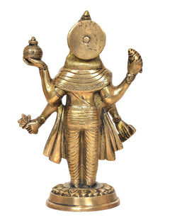 Brass Dhanvantri statue back view, flared robe with engraved patterns on round base