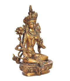 Tara Devi brass statue angled view, Green Tara seated on carved base with bird