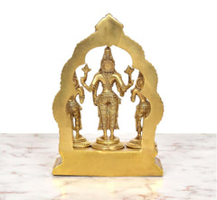 Rear view of brass Vishnu with Shridevi and Bhudevi, arched back panel over pedestal