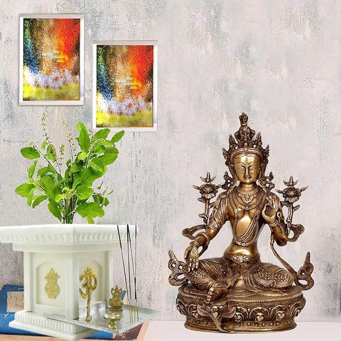 Brass Silver Tara Devi Buddha Religious Statue Home Decor (Height 12" Inch)