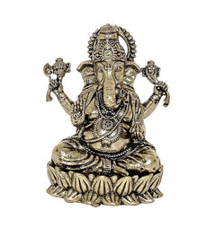 Brass Lord Ganpati murti front view with ornate headgear, seated on lotus base