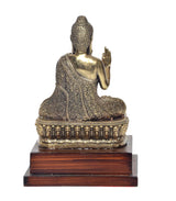 Rear view brass Buddha statue with raised hand in Abhaya mudra on wooden base