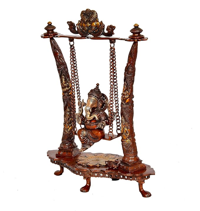 Brass Lord Ganesha On Swing Decorative Showpiece Idol Blue & Red - (Brass, Height 17.5 Inch)