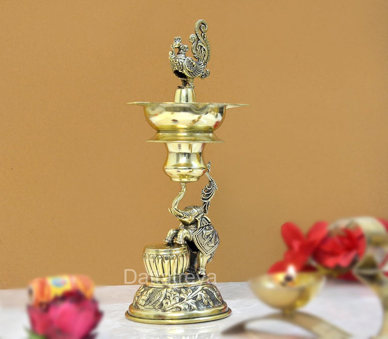 Bronze Elephant with Peacock Oil Lamp Diya for Home Pooja Antique Items Gift Items Deepam Diwali Home and Office Decor (Height: 8.5 Inch)