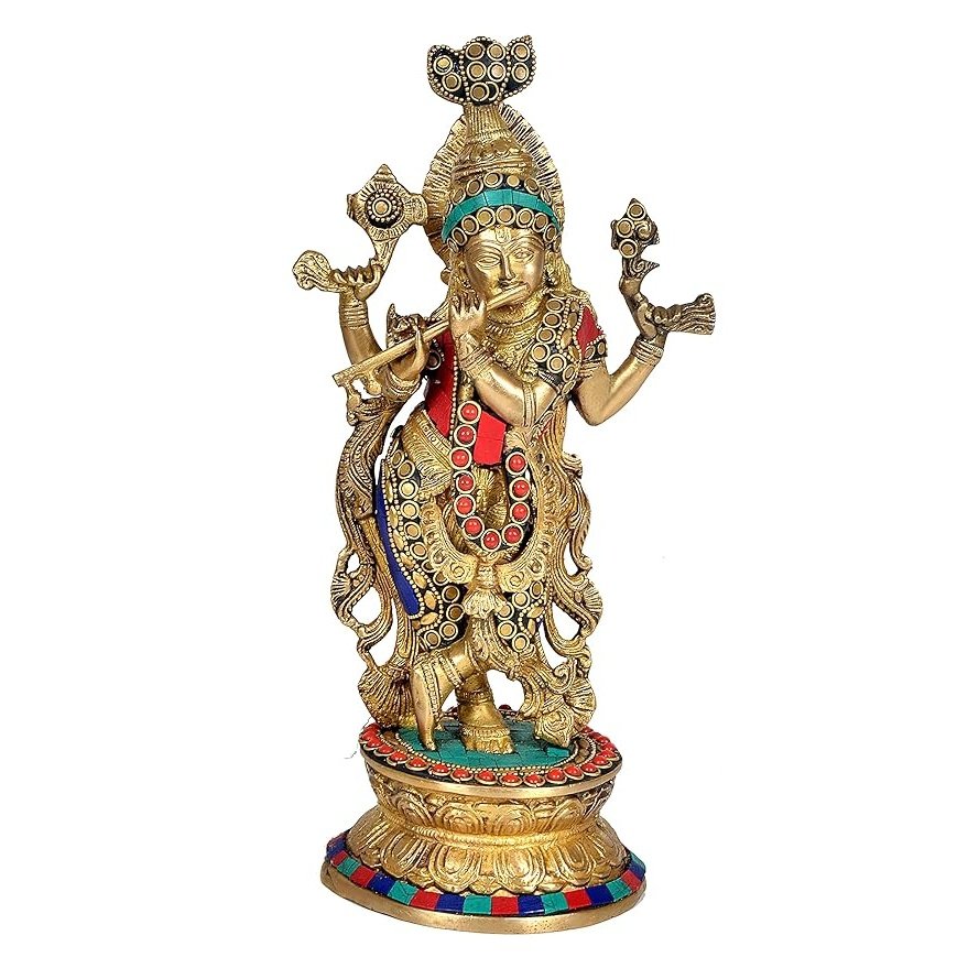 Brass Krishna playing flute figurine with crown, red & blue accents, 12-inch
