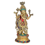 Brass Krishna playing flute figurine with crown, red & blue accents, 12-inch