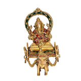 Brass Ganesha chariot statue, front view with jeweled red and green attire