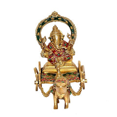 Brass Ganesha chariot statue, front view with jeweled red and green attire