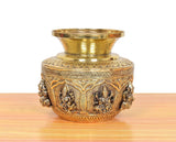 Brass kalash lota front view, embossed Lakshmi center with ornate textured border, 5 in