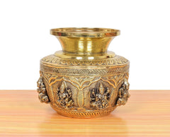 Brass kalash lota front view, embossed Lakshmi center with ornate textured border, 5 in