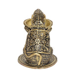 Brass mouse diya oil lamp, back view with floral engravings and shallow bowl
