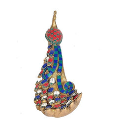 Brass peacock showpiece standing upright with decorated head and colorful crest