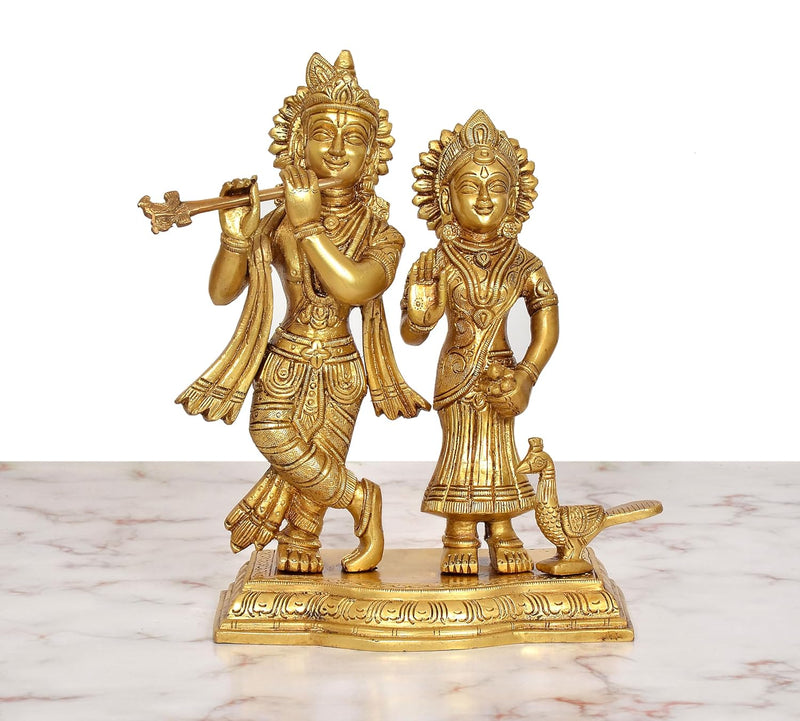 Brass Radha Krishna Idol with Peacock (Height 9 Inch)
