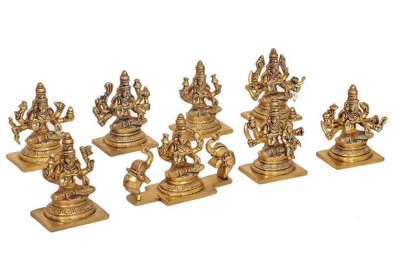 Brass Goddess Ashtalakshmi Statue Ashta Lakshmi (Set of 8) Asthalakshmi for Diwali Puja Mandir Temple Vastu Home Office Decor (Height 3.5 Inch)