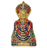 Brass Khatu Shyam ji idol, front view with crown halo and layered jeweled outfit