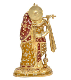 Rear view Brass Radha Krishna idol with peacock head and flute, multicolor patterned robes