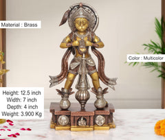 Brass Hanuman idol front view, gold and silver tones, 12.5 in tall