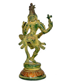 Brass Ardhanrishvara statue from side view, multiple arms in motion, ornate ornaments