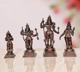 Front view copper Ram Darbar statues: Ram center, Sita, Lakshman, Hanuman