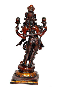 Lakshmi-Messingidol Rück-/Draufsicht, stehende Pose mit Flammenornamenten an den Händen