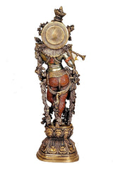Brass Radha Krishna sculpture—Krishna figure with circular halo, detailed jewelry and skirt