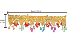 Toran door hanging, length 36 inch; height 8 inch, gold border with multicolor tassels