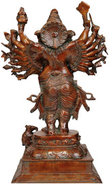 Brass Ganesha statue, sixteen arms raised, side angle on carved base