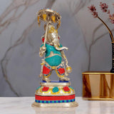 AONA Brass Ganesha showpiece holding a tiny umbrella, turquoise and red