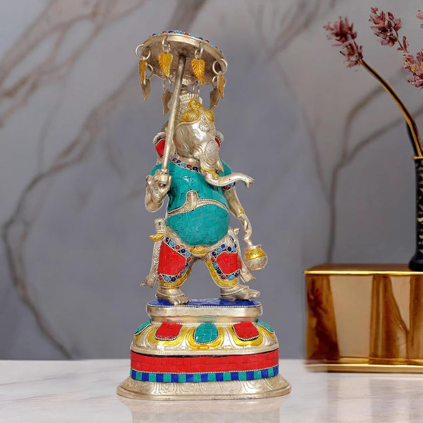 Brass Cute Ganpati Holding Tiny Umbrella Showpiece Home Decor (Height: 15 Inch)
