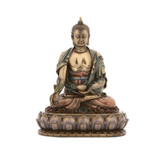 Lord Buddha resin figurine, front view with green robe and blue-tinted pedestal