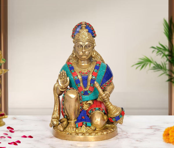 Brass Hanuman Ji Sitting Murti in Blessing Posture with Gada (Height: 9.5 inch)