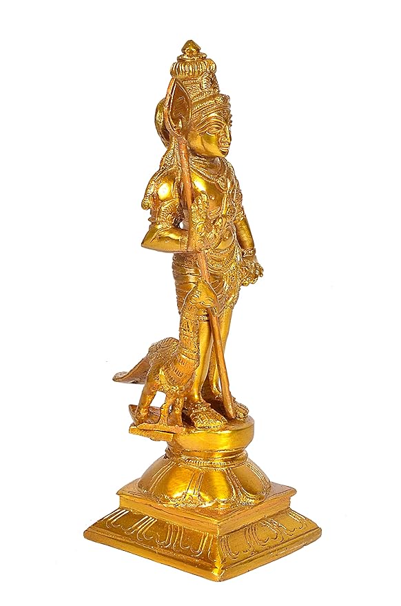 Lord Kartikeya Brass Idol Figurine Standing Murgan with Peacock Sculpture Showpiece Golden Height 10 Inches