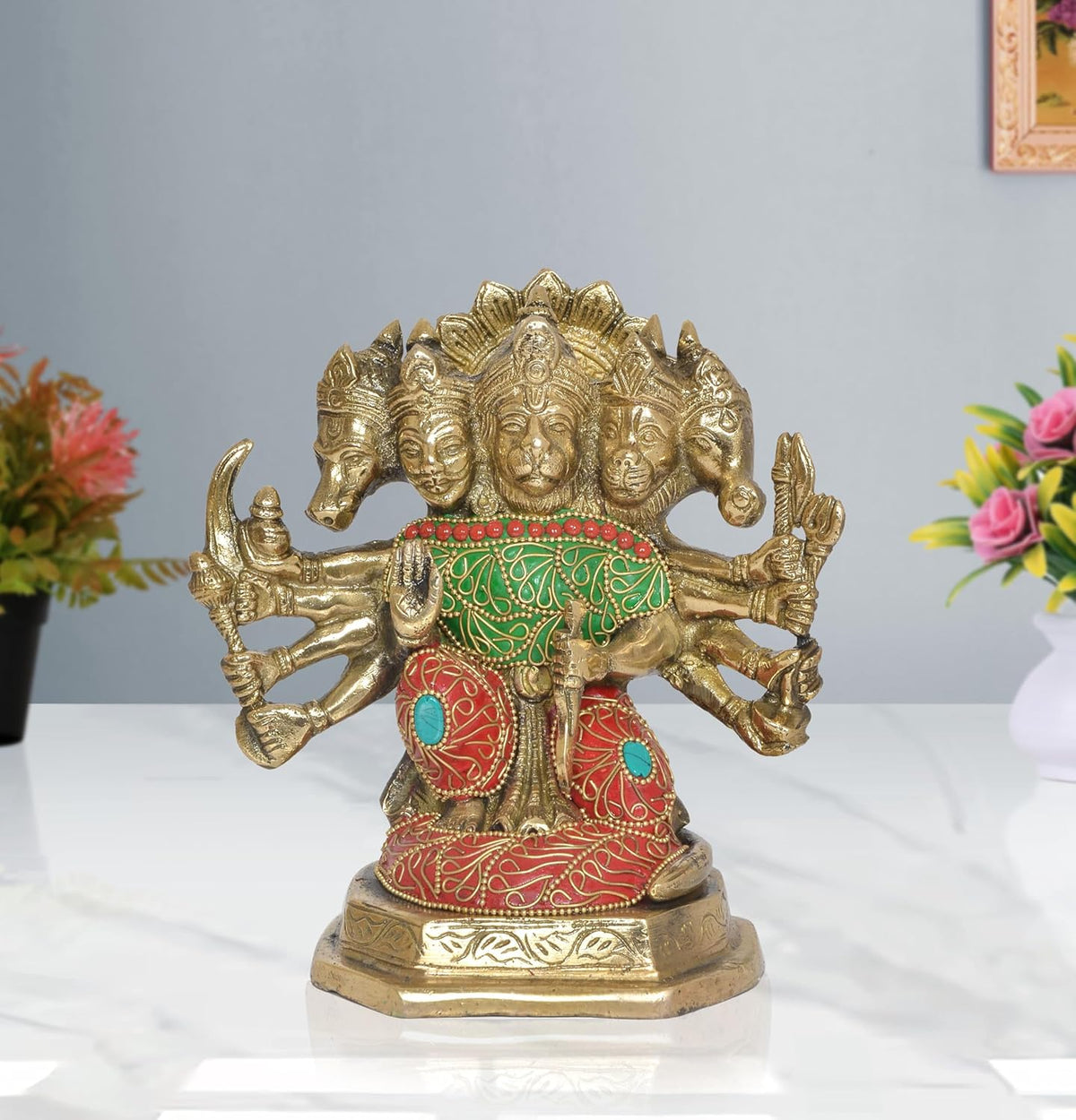 Panchmukhi Hanuman idol figurine with golden faces and red-green painted attire, 7 inch