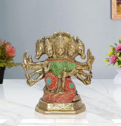 Panchmukhi Hanuman idol figurine with golden faces and red-green painted attire, 7 inch