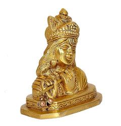 Idol Krishna statue, gold seated profile with crown, flute, and pearl-like bead accents