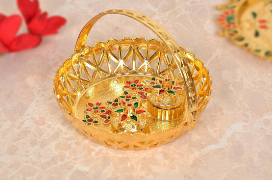 Decorative Design Gold Plated Plastic Haldi Kumkum Holder Pooja Thali and 2 Bowl For Rakhi Diwali Wedding Gifts Tilak Plate (Width 5.5 Inch) (Multicolor Pooja Thali)