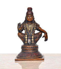 Ayyappan Ayyappa brass statue idol seated on pedestal, symmetrical hands and ornaments