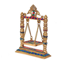 Brass swing for Ladoo Gopal idol, side view; ornate gold frame with multicolour bands