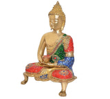 Seated brass Buddha idol in Dhyan mudra, side view, multicolor robe details.