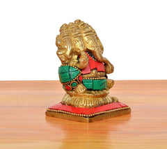 Brass Panchmukhi Ganesha sitting murti, multicolored ornaments and decorated base