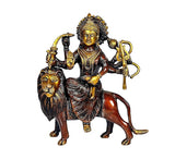 Brass Mata Sherawali statue riding lion, holding trident and containers
